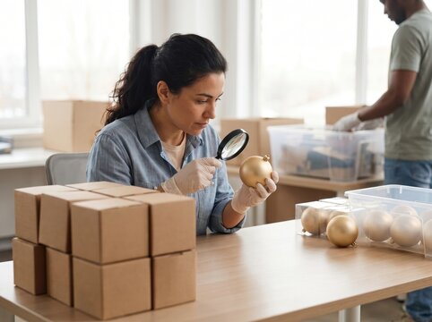 Woman Inspecting Holiday Returns in Reverse Logistics Warehouse