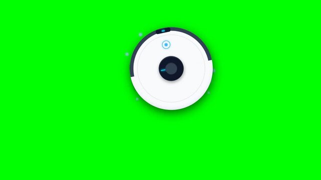 Automated robot vacuum cleaner device with LED indicators moving smoothly on a vibrant green screen background, symbolizing smart home technology and effortless cleaning, for futuristic concepts