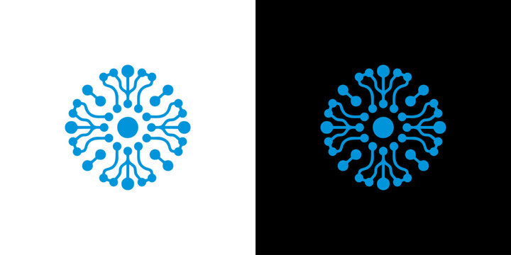 Abstract digital technology circuit logo design with round cyber network connection symbol