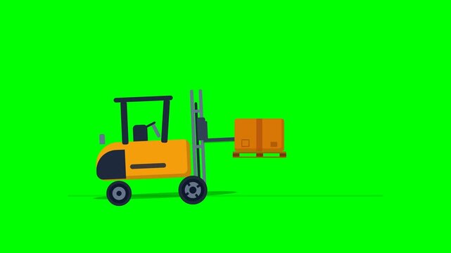 Dynamic forklift animation lifting and moving cardboard box with drone icon on green screen, symbolizing logistics, delivery, and automated warehousing