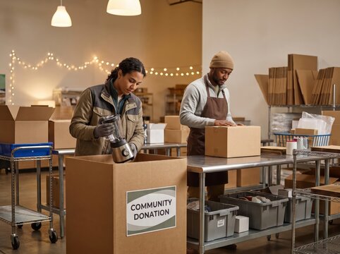 Workers managing holiday returns reverse logistics in a donation warehouse