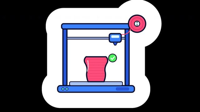 Bold sticker of a blue 3D printer with a moving extruder head, a pink filament spool and a pink vase on the print bed, on a transparent background. The finished vase is lifted away, the extruder trave