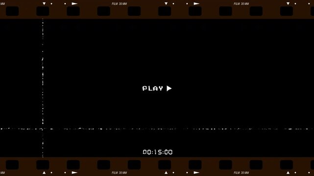 Vintage Analog Video Glitch with Play Icon and Digital Timecode Framed by 35mm Film Strip Border on Black Background for Retro Film Effects