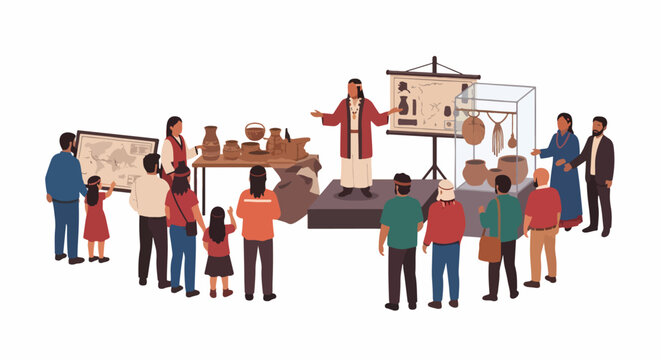 Diverse group of people attending a cultural exhibition with artifacts and historical displays learning about indigenous heritage and ancient traditions from a presenter