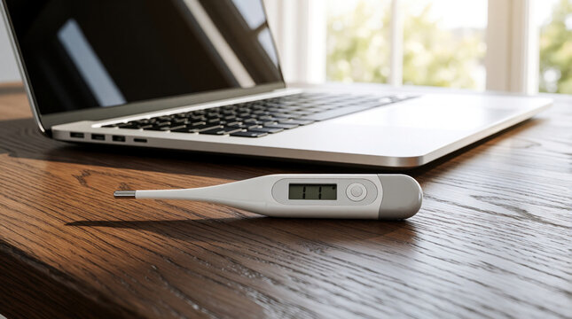 Digital thermometer shows temperature on wooden table next to open laptop. Remote telemedicine concept for home health monitoring. Patient uses tech for online medical consultation tracking fever.