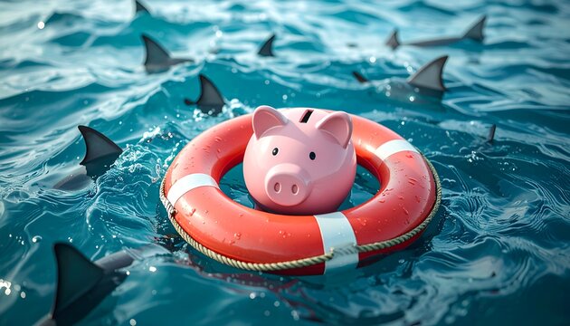 Pink piggy bank floating inside a red and white lifebuoy amid rough ocean waves and shark fins, symbolizing financial survival, debt protection, and economic risk.
