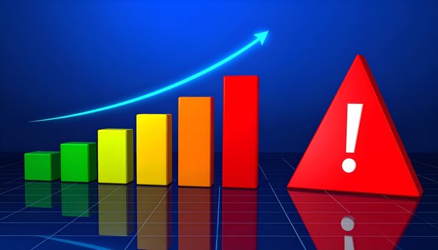 Bright colored bar chart and sweeping upward arrow beside a large red exclamation symbol, representing market growth, risk assessment, and financial warning signals.