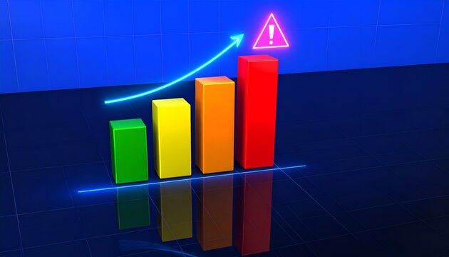 Five colorful ascending bars beneath a luminous blue arrow and red alert sign, conveying financial forecasting, performance trends, and risk management.