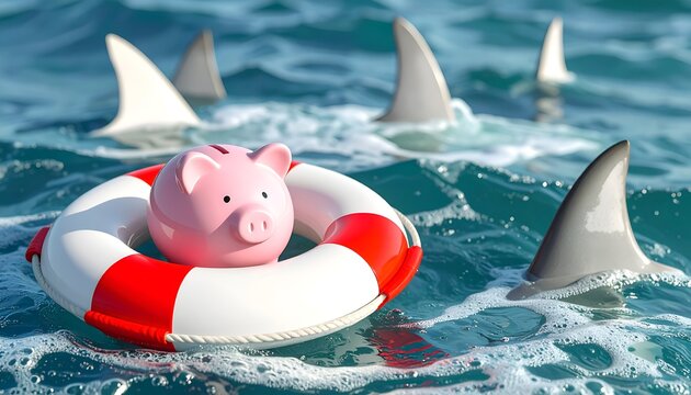 A pink piggy bank rests inside a red and white life ring surrounded by shark fins in rough ocean water, representing savings protection and financial vulnerability.