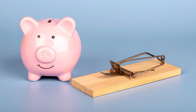 Smiling pink piggy bank beside a metal mousetrap on a wooden board, representing hidden financial risks, money management, fraud prevention, and savings security.
