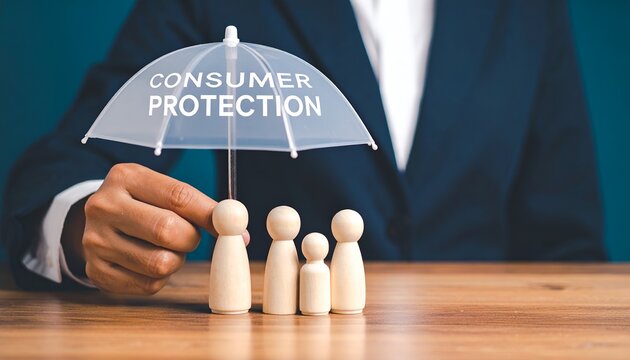 Wooden family figures stand under a clear umbrella held by a suited person, with consumer protection text symbolizing customer rights and financial security.