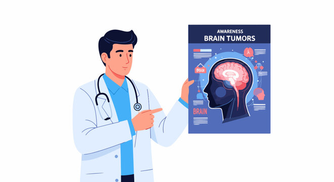 Doctor presenting brain tumor awareness poster showing human head silhouette with brain illustration and medical icons for health education and research concept