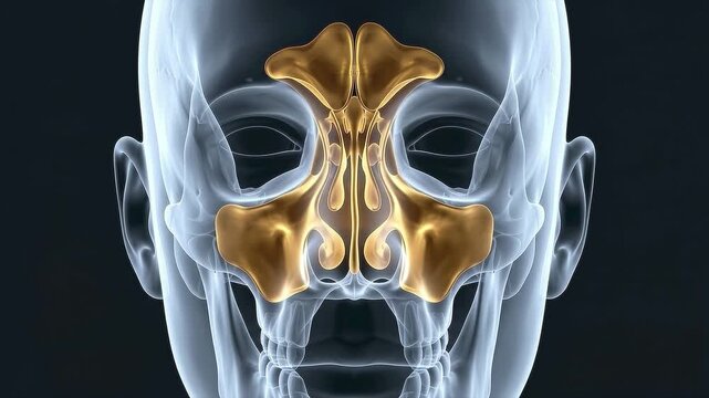3D anatomical illustration of a human skull with the paranasal sinuses highlighted in gold showing the maxillary and frontal cavities for medical education and diagnosis