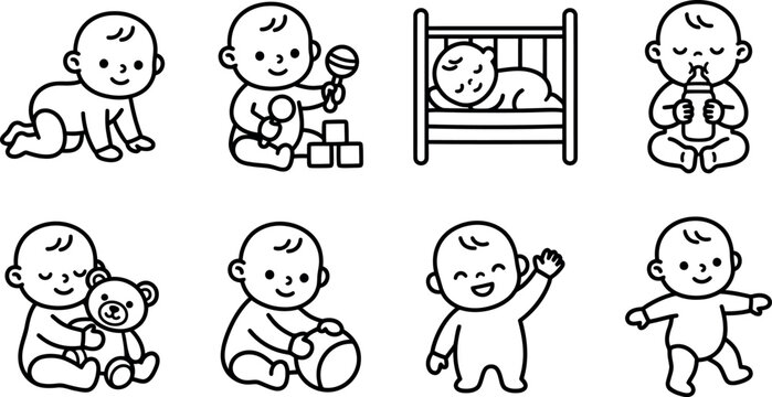Collection of adorable baby icons depicting various stages of early childhood development