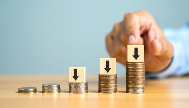 Wooden blocks bearing downward arrows stand beside coin stacks on an office desk, representing falling income, business losses, and economic uncertainty.