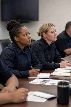 Female police officers attending training seminar and taking notes in a meeting room