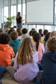 Group of school children sitting on classroom floor listening to teacher during lesson presentation
