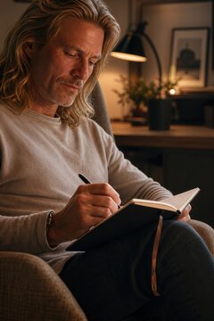 Middle aged man writing notes in a notebook while sitting in an armchair at home in warm light