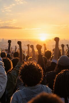 Crowd raising fists at sunrise in peaceful protest for unity, justice, freedom and human rights