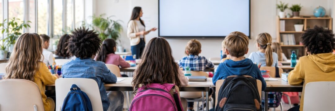 Schoolchildren in classroom facing teacher and projection screen during lesson at school