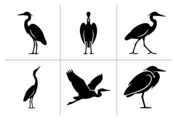 Fototapeta premium Heron silhouettes set with birds in various poses, flying and standing for nature logos and designs