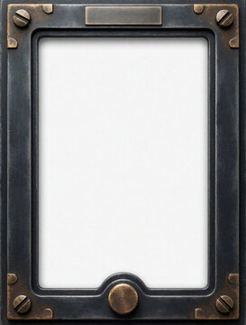 Empty metal frame with industrial style. Dark steel border bronze rivets, screws. Blank white space inside for text art. Vintage steampunk design with antique metallic texture. Perfect mockup for