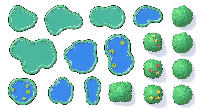 Set of cartoon pond and bush elements for game design and map building on white background