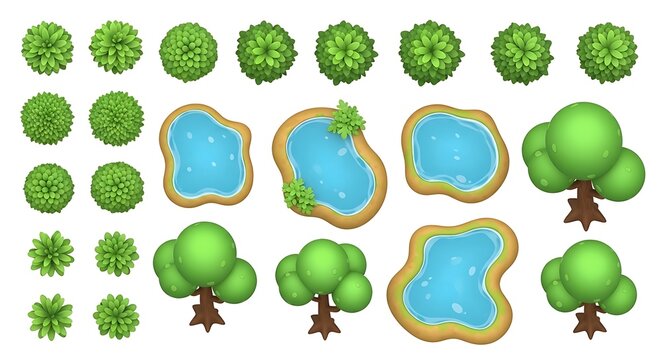 Top view cartoon trees and ponds set for game map design and landscape architecture elements