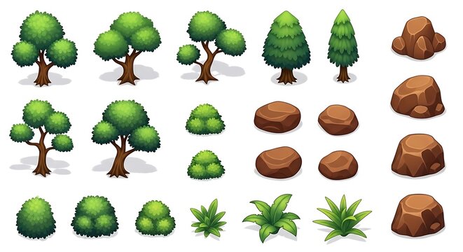 Set of cartoon trees bushes and rocks for game design and landscape environment development elements