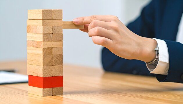 A hand carefully pulls a wooden block from a tower with a red block near the base, symbolizing business strategy, structural risk, and critical decision-making.