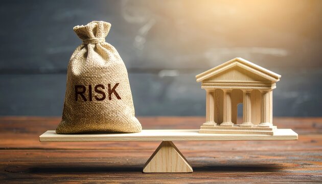 A burlap bag marked risk and a miniature wooden bank balance on a seesaw, symbolizing financial uncertainty, institutional stability, and investment risk assessment.