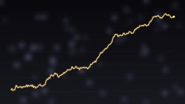 4K glowing gold line chart drawing rising trend animation on dark background