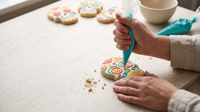 Piping bright icing onto sugar skull cookies