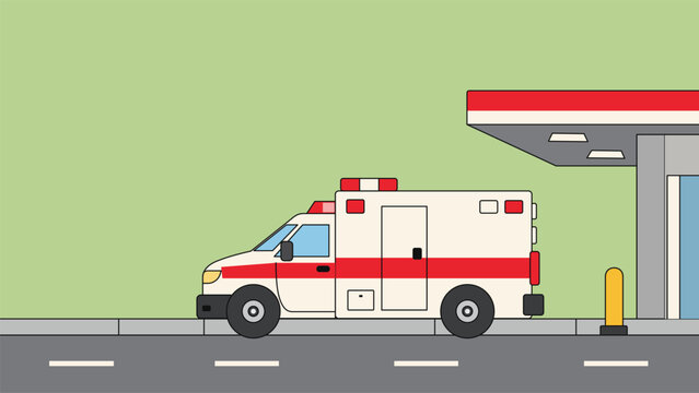 Flat cartoon illustration of a white and red ambulance parked outside a hospital emergency entrance beside a city road with green sky and open copy space for medical service design
