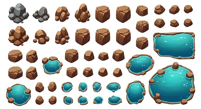 Set of cartoon game assets with rocks and water ponds for fantasy landscape design and environment
