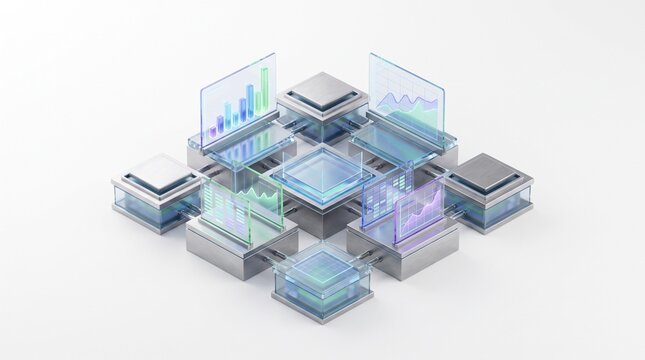 Isometric data analytics dashboard and tech interface nodes