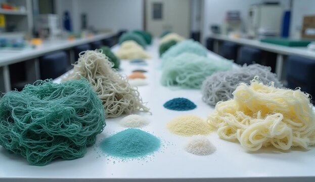 Material research display showing reclaimed fishing nets, recycled polymer fibers and specimens for circular material development