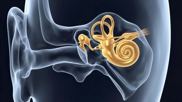 Anatomical 3D Illustration of the Human Inner Ear Highlighting the Cochlea Vestibular System and Ossicles in a Transparent Model