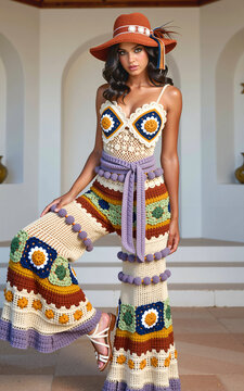 Female model showcasing handmade knit boho set outside lifestyle