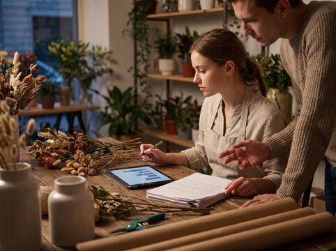 Florist reviewing small business year end close with tablet and paperwork