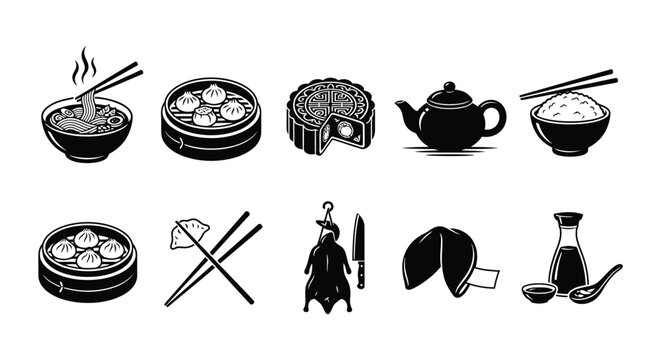 Asian cuisine flat icons depict noodles dumplings and traditional cooking implements