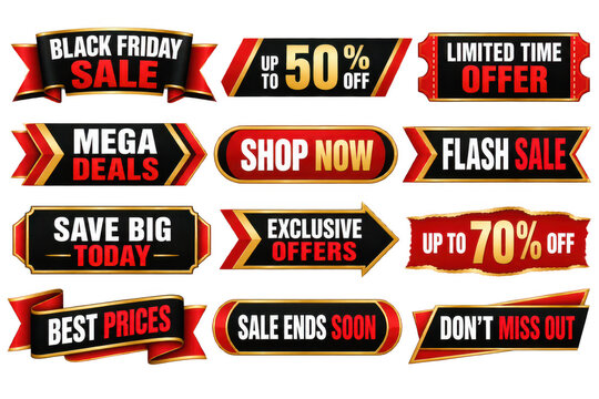 Black friday sale banners with red gold and black colors for marketing campaigns transparent background