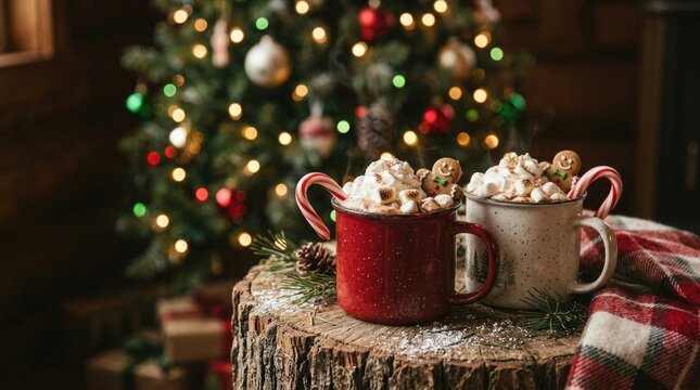 A cozy christmas scene featuring hot cocoa and a beautifully decorated