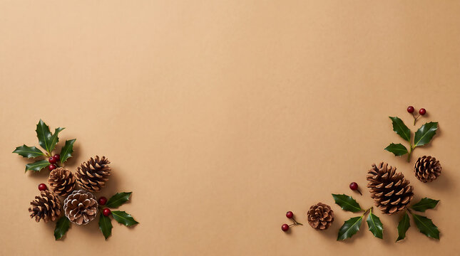 Pinecones and holly berries rest on a neutral toned background