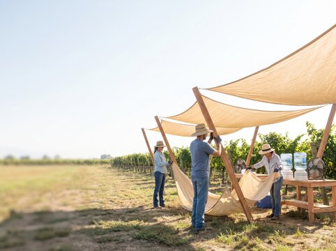 People setting up shade tent in vineyard for southern hemisphere holiday heat safety
