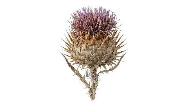 Close-up of a vibrant purple and brown thistle bloom against black background