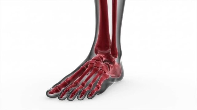 Anatomical 3D Illustration of Human Foot and Ankle Bones in Red Showing Skeletal Structure for Medical Education and Healthcare Concepts on White Background