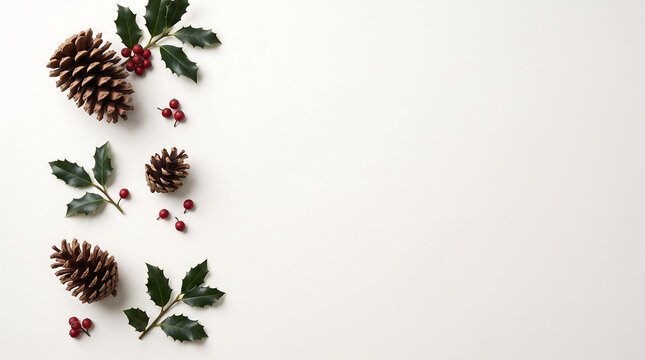 Pinecones and holly branches rest against a white background creating a festive arrangement