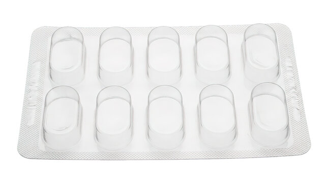 Empty blister pack for tablets or capsules on white background