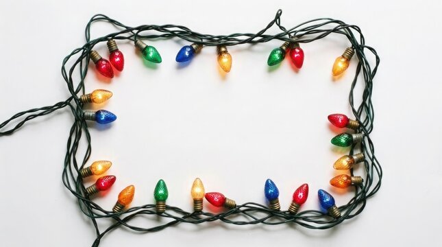 A festive border of colorful christmas lights creates a holiday frame
